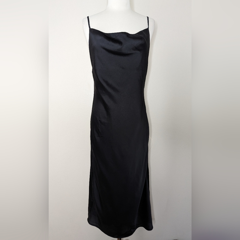 L.A. Hearts Cowl Neck Black Satin Midi Dres